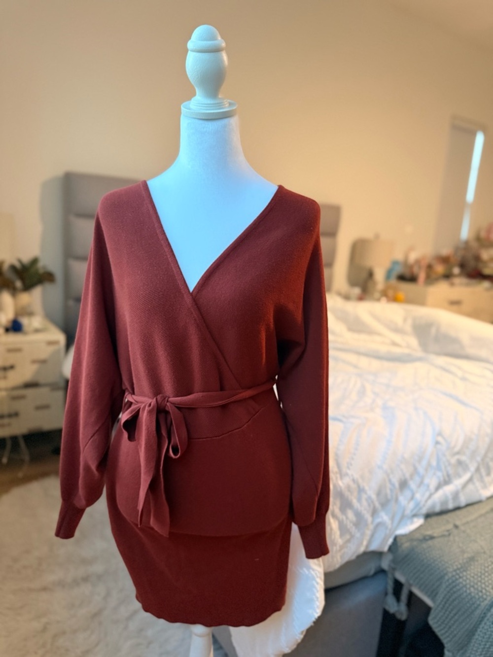 Francesca's Collections Rust Wrap Knit Dress with Tie Waist